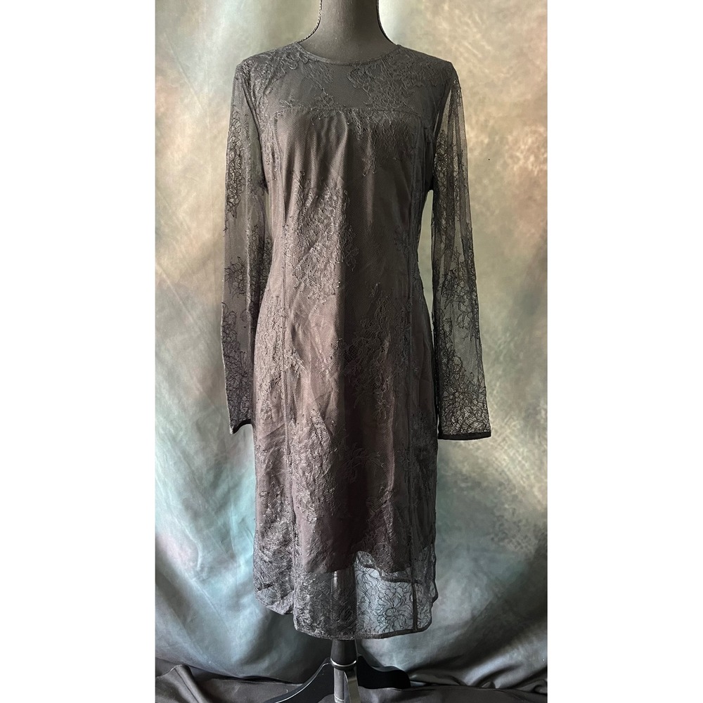 Donna Karan New York Black Lace Overlay Long Sleeve Midi Dress Size Large - Picture 4 of 9